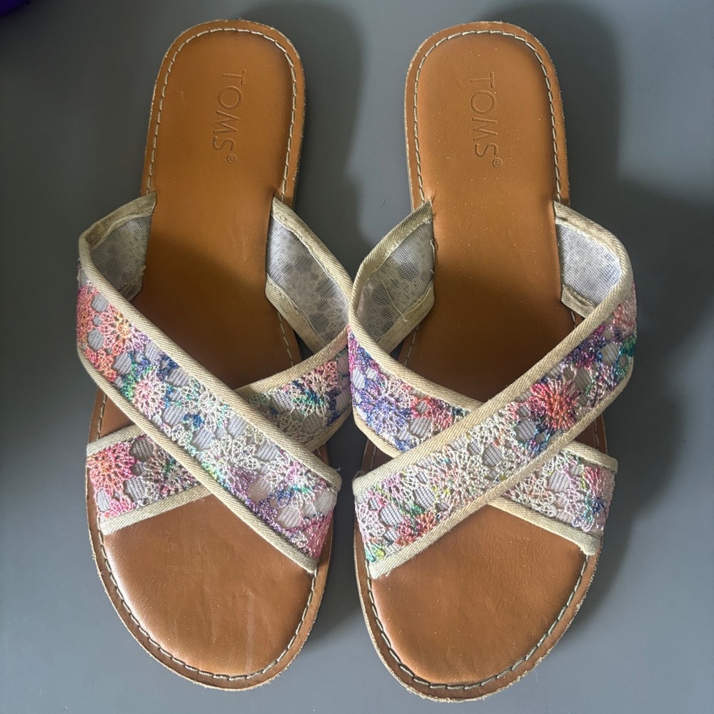 TOMS Floral Embroidered Crisscross Slide Sandals in Pink and Tan